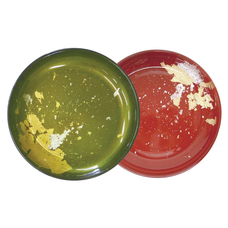GLASS JAPAN MAJO金箔グリーン・古代金箔本朱　漆ガラス　小皿2枚揃（食洗機対応）　(1100012603)