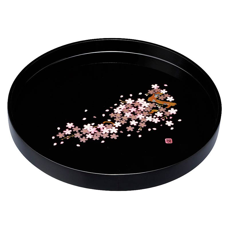 紀州塗 黒塗 雅桜 木製10.0丸盆　(1100013917)
