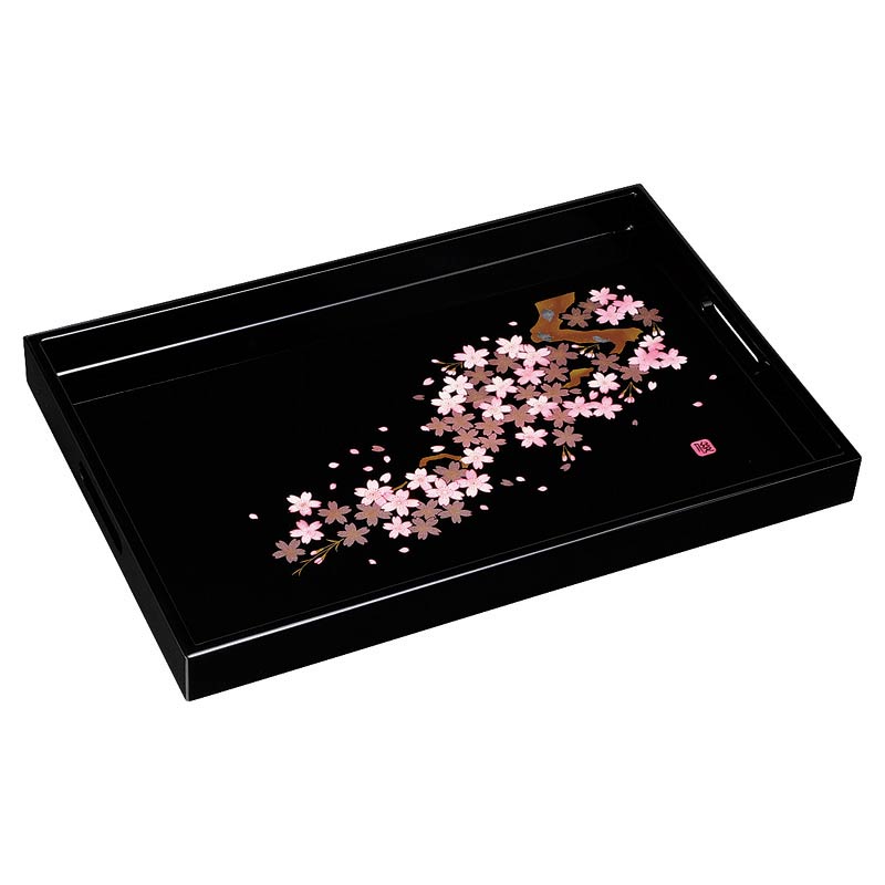 紀州塗 黒塗 雅桜 木製１５．０長手盆　(1100013918)