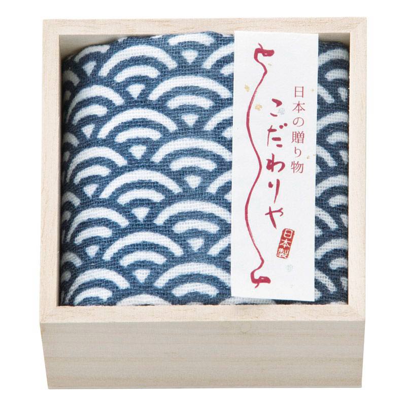 こだわりや 木箱入り 日本製ガーゼタオルハンカチ　ブルー　(1100016281)